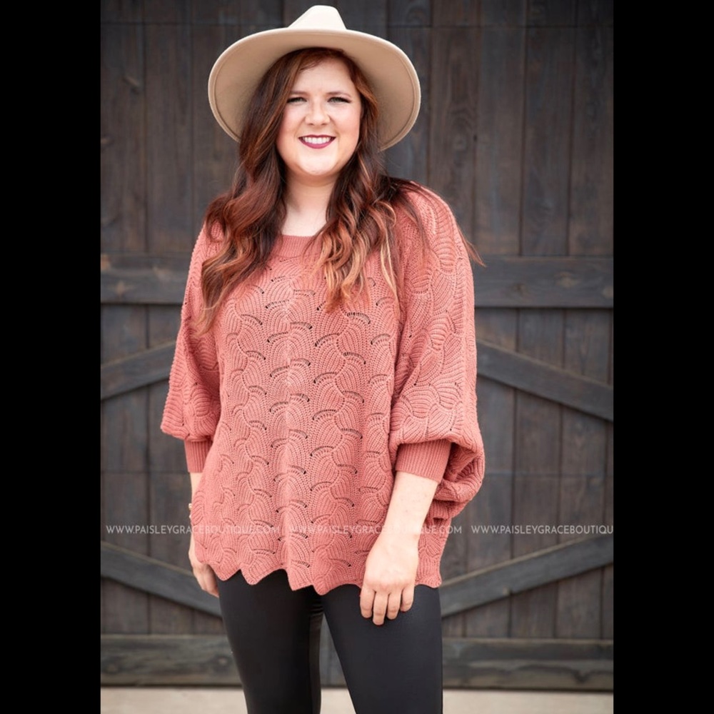 “Andree’-Terra-Cotta Sweater-Scoop neckline-3/4 Sleeve-Scallop Hem-NWT-Small